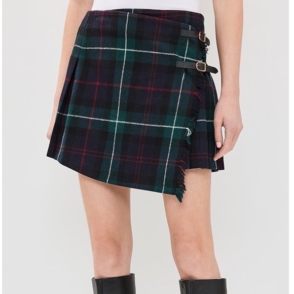 Polo Ralph Lauren Black Plaid Wool Pleated Wrap Mini Skirt Kilt tartan Green 2 - Picture 2 of 8